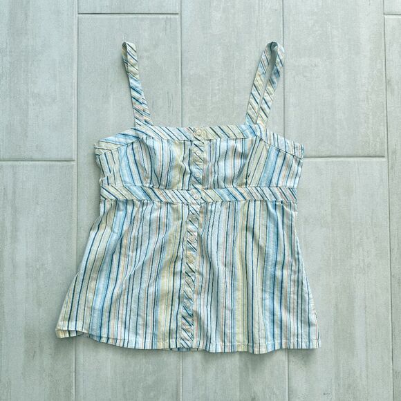 Ann Taylor Tops - Ann Taylor Loft Sleeveless Top Tank Cotton Striped Blue Yellow White Button 6